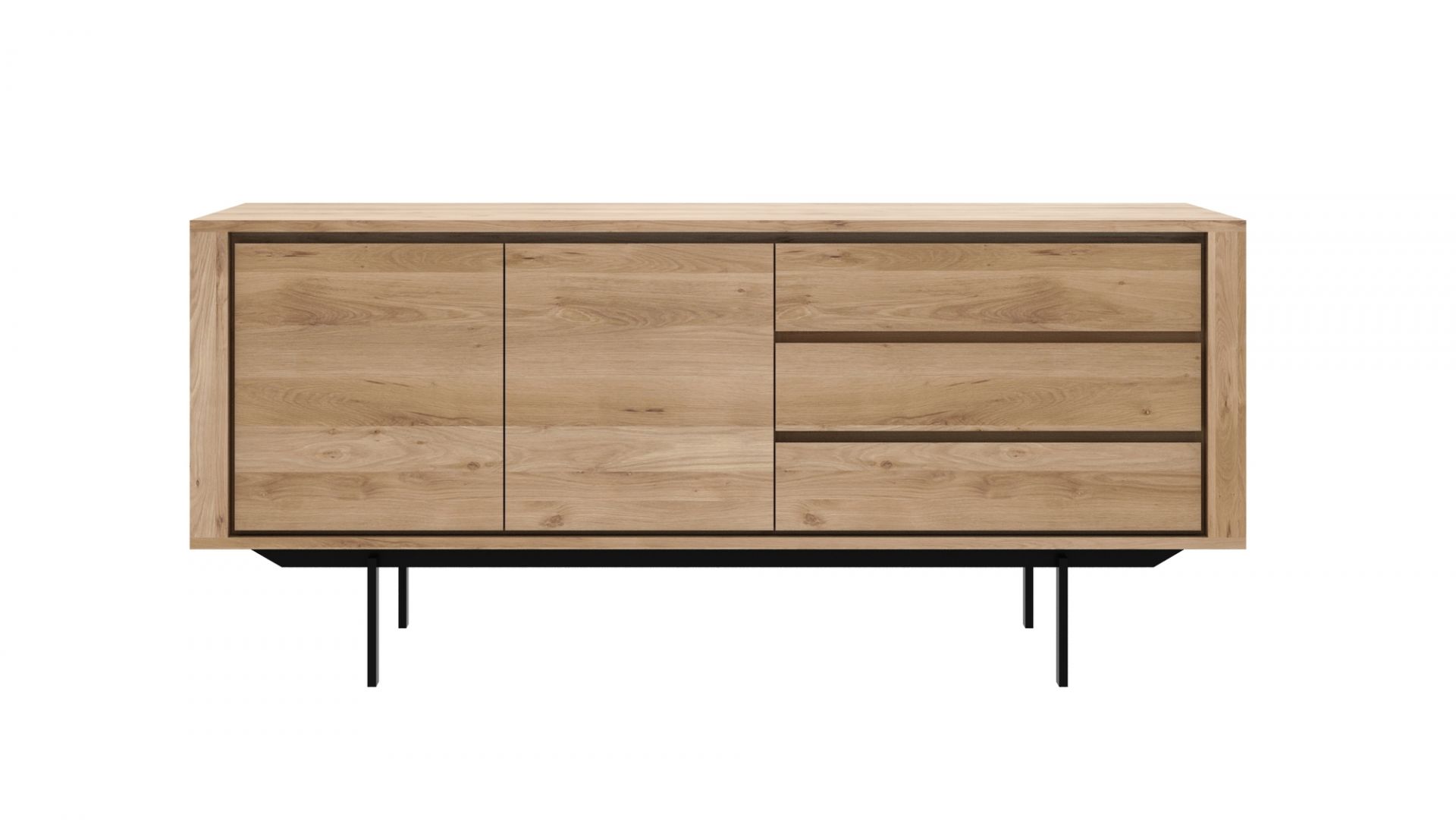 Shadow Anrichte von Ethnicraft aus Eiche mit zwei Türen und Schubladen auf schwarzen Metallfüßen.